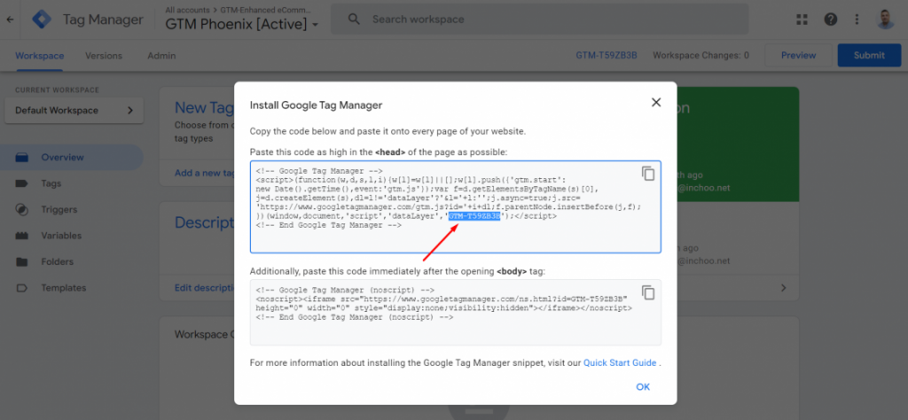 Copy the GTM ID number from the code