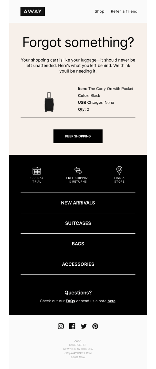 Risk-Reversal Email by Away Luggage