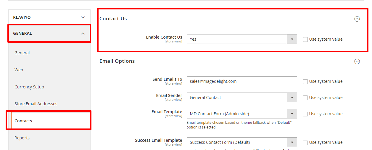 General Tab for Contact Us Form