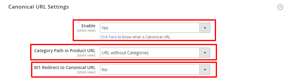 Canonical URL settings Magento 2