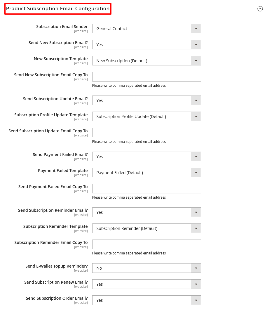 Product Subscription Email Settings